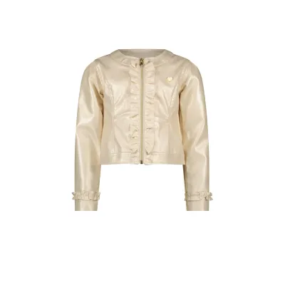 JACKET PEARLED IVORY FAKE LEATHER RUFFLE TRIM & ZIP CLOSURE / C312-5121-008