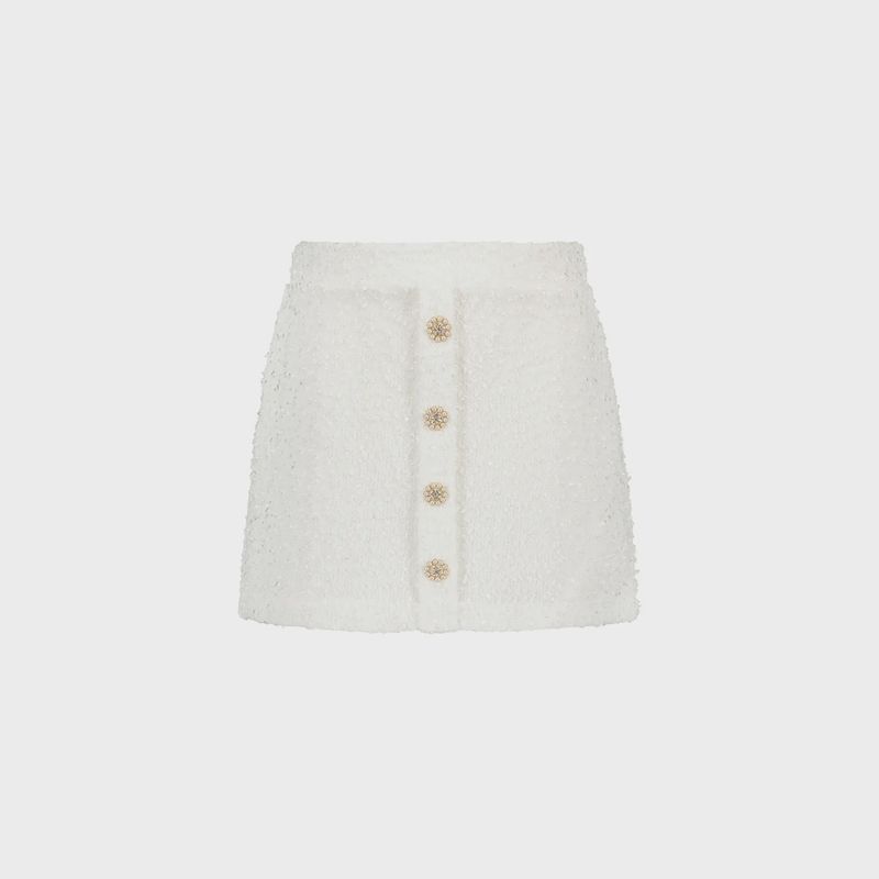 GLITTER KNIT SKIRT OFF WHITE PEARL & RHINESTONE BUTTONS TRIM / C312-5715-003