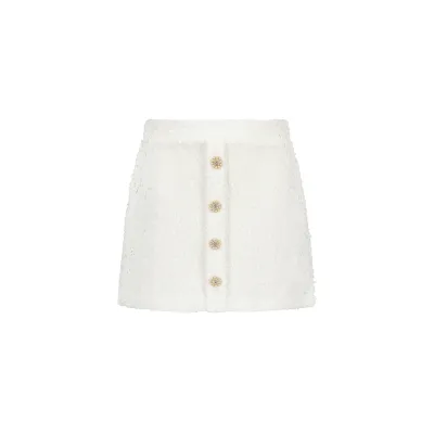 GLITTER KNIT SKIRT OFF WHITE PEARL & RHINESTONE BUTTONS TRIM / C312-5715-003