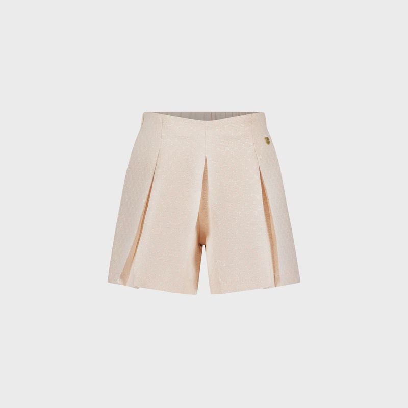 CREPE / LUREX SHORTS LIGHT PEARL & FLOWER PRINT PLEATED FRONT / C312-5605-220