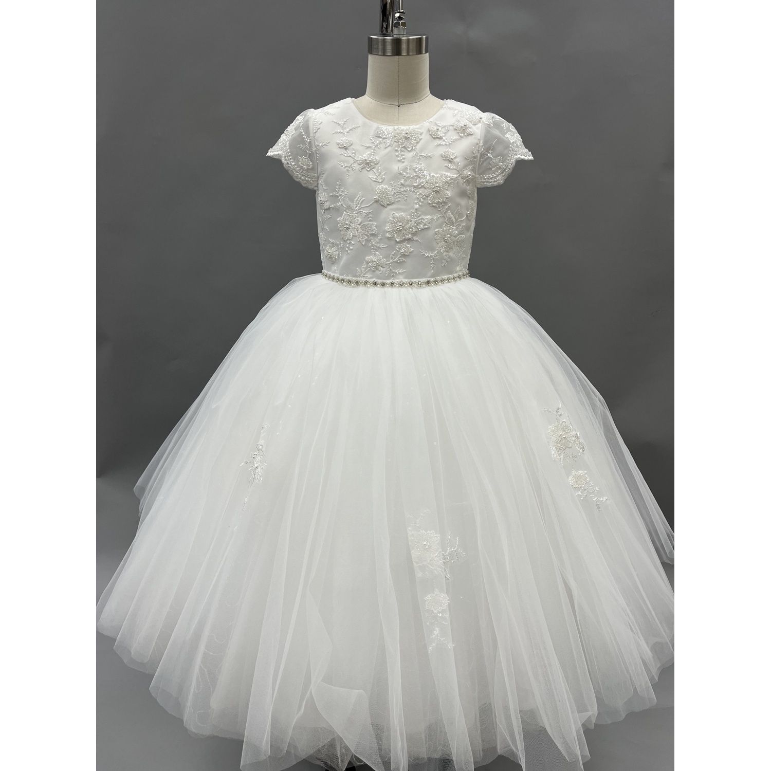 DRESS OFFWHITE PEARL & BUGLEBEADS BODICE & TULLE SKIRT RHINESTONE WAISTBAND / Z23098