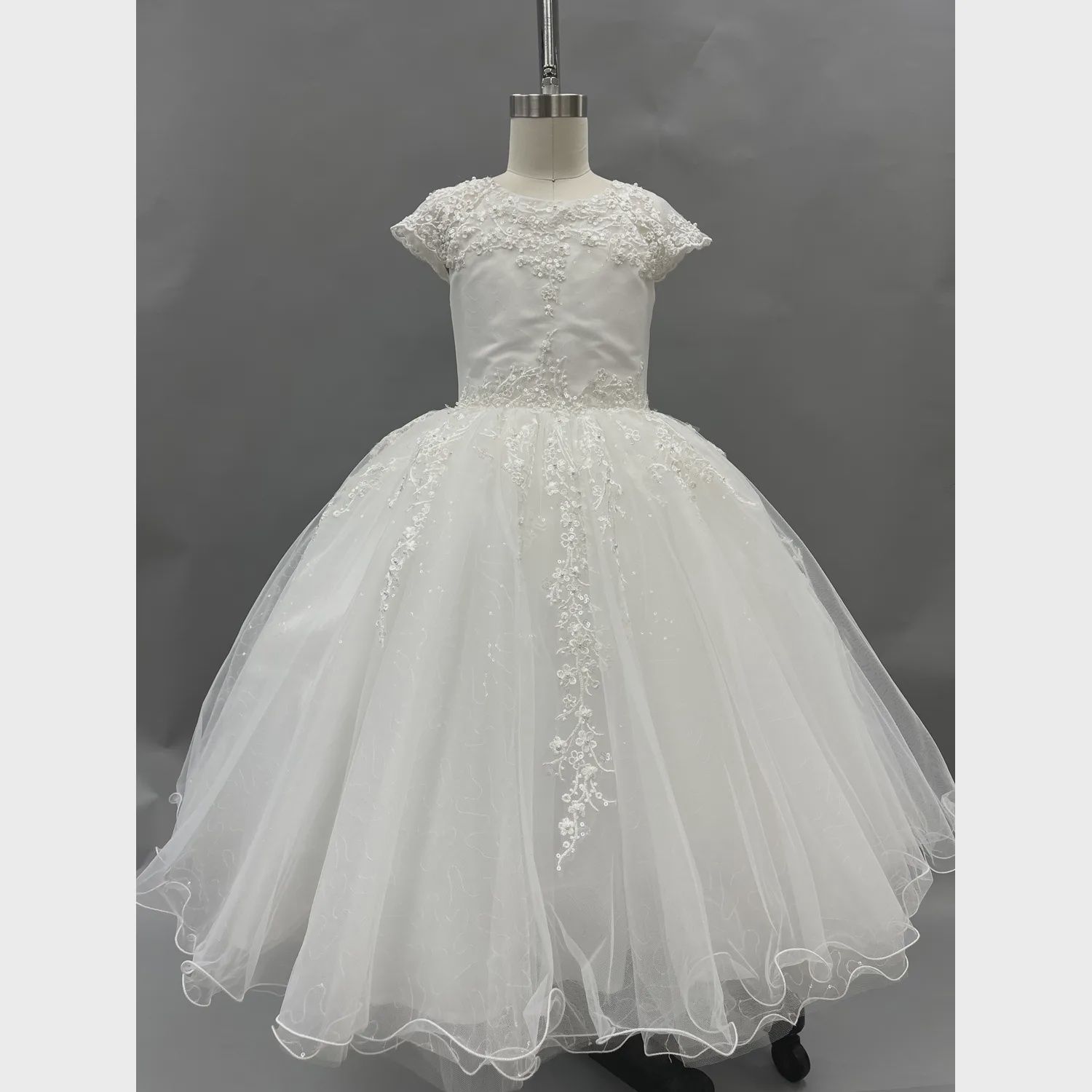DRESS OFF WHITE TULLE EMBROIDERED SEQUIN LACE ON BODICE & SKIRT / Z23097