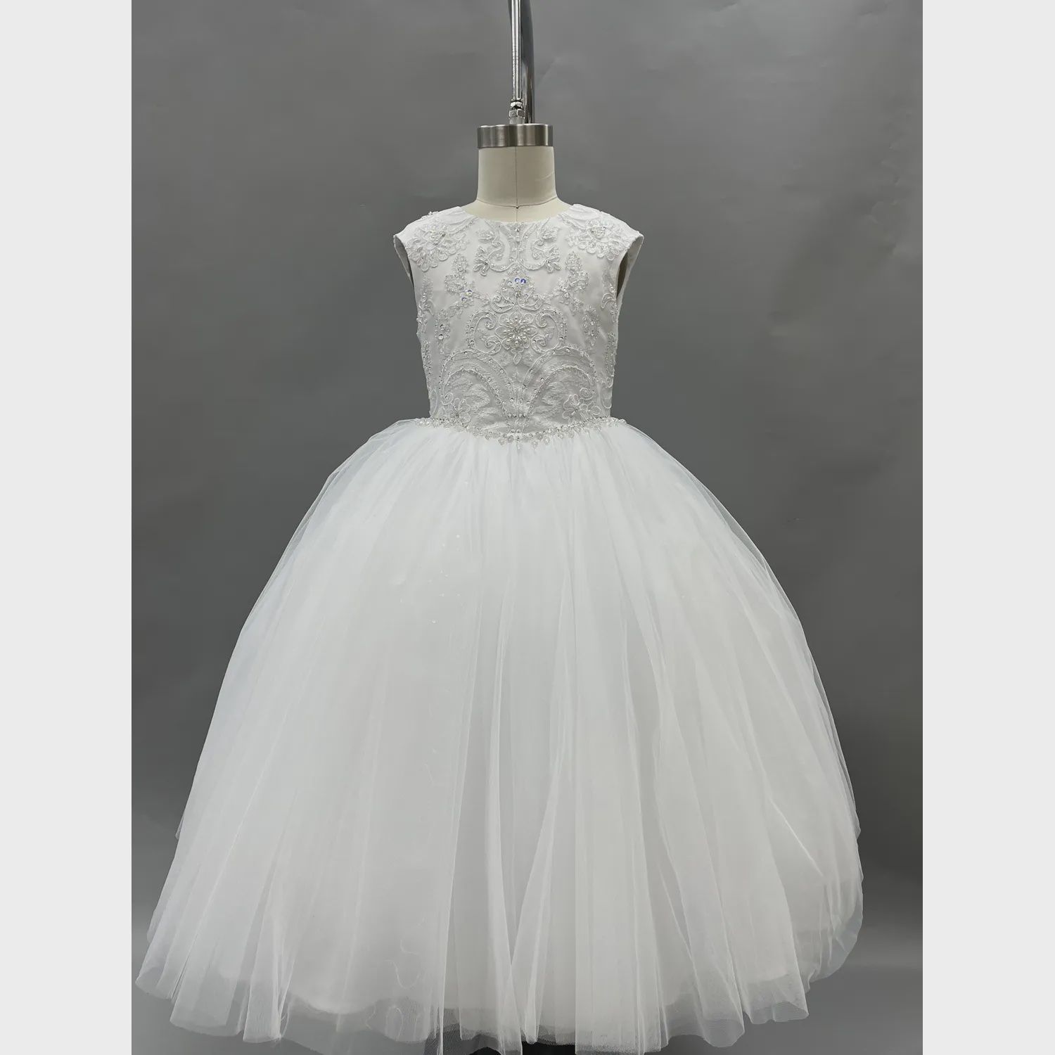 DRESS PURE WHITE LACE BODICE WITH PEARL & SEQUINS V SHAPED WAISTBAND WITH RHINESTONES & JEWEL TRIM BOW BACK / Z23146