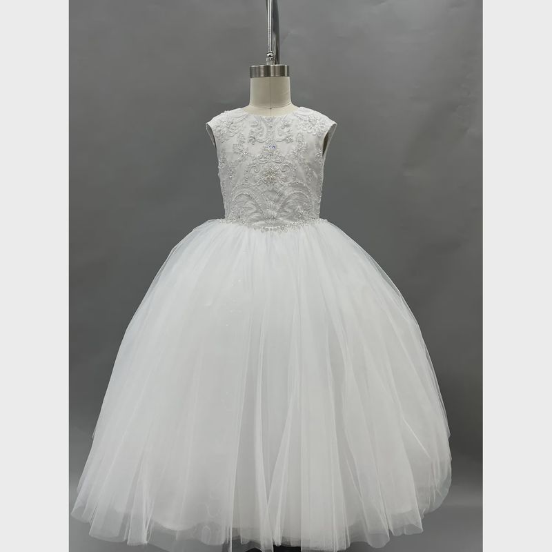 DRESS PURE WHITE LACE BODICE WITH PEARL & SEQUINS V SHAPED WAISTBAND WITH RHINESTONES & JEWEL TRIM BOW BACK / Z23146 DRESS PURE WHITE LACE BODICE WITH PEARL & SEQUINS V SHAPED WAISTBAND WITH RHINESTONES & JEWEL TRIM BOW BACK / Z23146