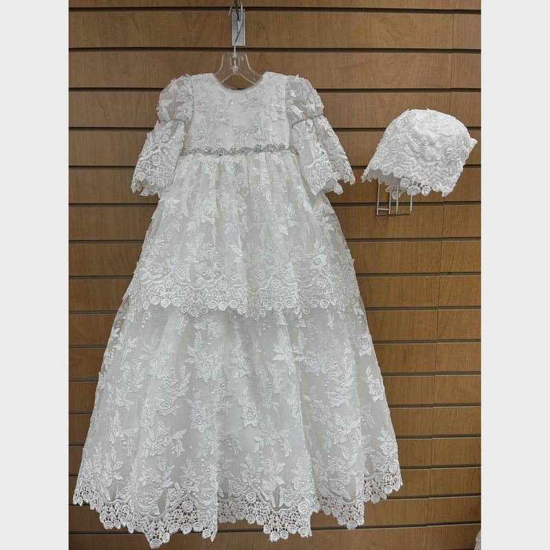 GOWN & BONNET OFF WHITE EMBROIDERED LACE WITH BOW BAPTISM / CHRISTING RHINESTONE BELT TRIM / Y23113