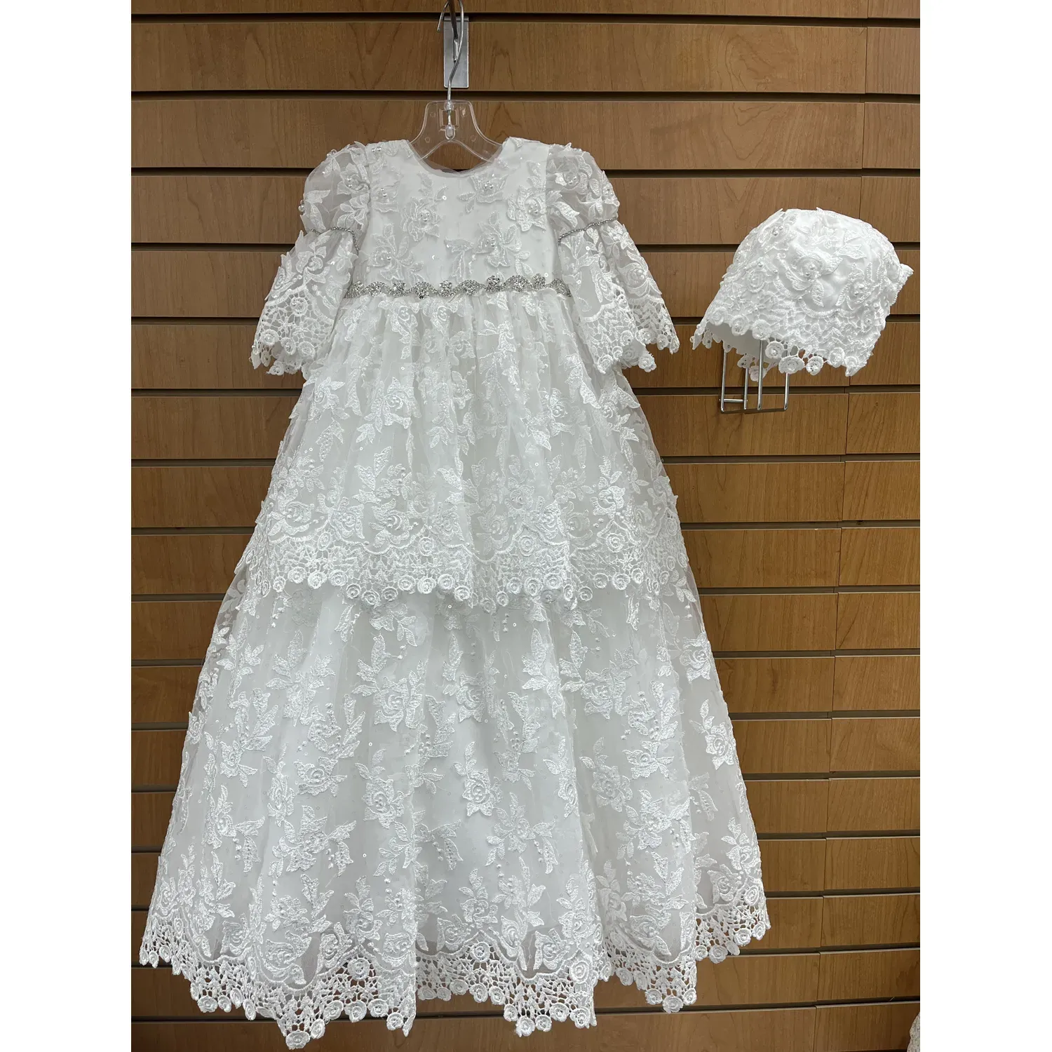 GOWN & BONNET OFF WHITE EMBROIDERED LACE WITH BOW BAPTISM / CHRISTING RHINESTONE BELT TRIM / Y23113