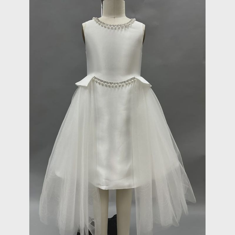 DRESS OFF WHITE SATIN BODICE TULLE SKIRT RHINESTONE & PEARL CHAIN ON WAIST & NECKLINE / 1838B DRESS OFF WHITE SATIN BODICE TULLE SKIRT RHINESTONE & PEARL CHAIN ON WAIST & NECKLINE / 1838B