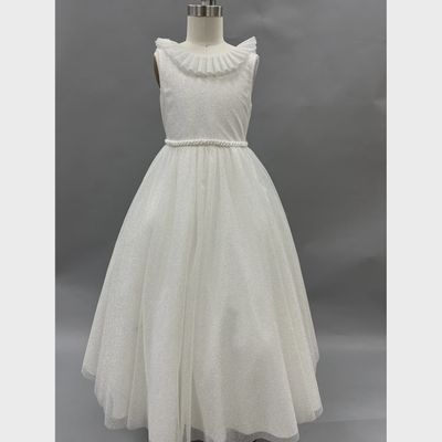 DRESS OFF WHITE SHIMMER NETTING PLEATED NECKLINE VBACK & BELT / D1022