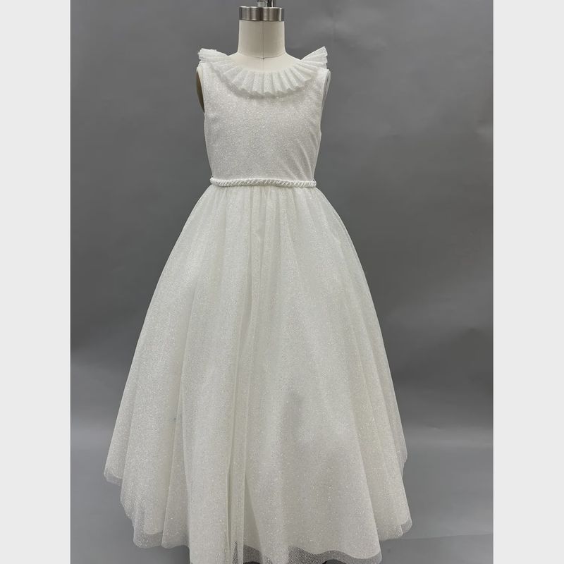 DRESS OFF WHITE SHIMMER NETTING PLEATED NECKLINE VBACK & BELT / D1022 DRESS OFF WHITE SHIMMER NETTING PLEATED NECKLINE VBACK & BELT / D1022