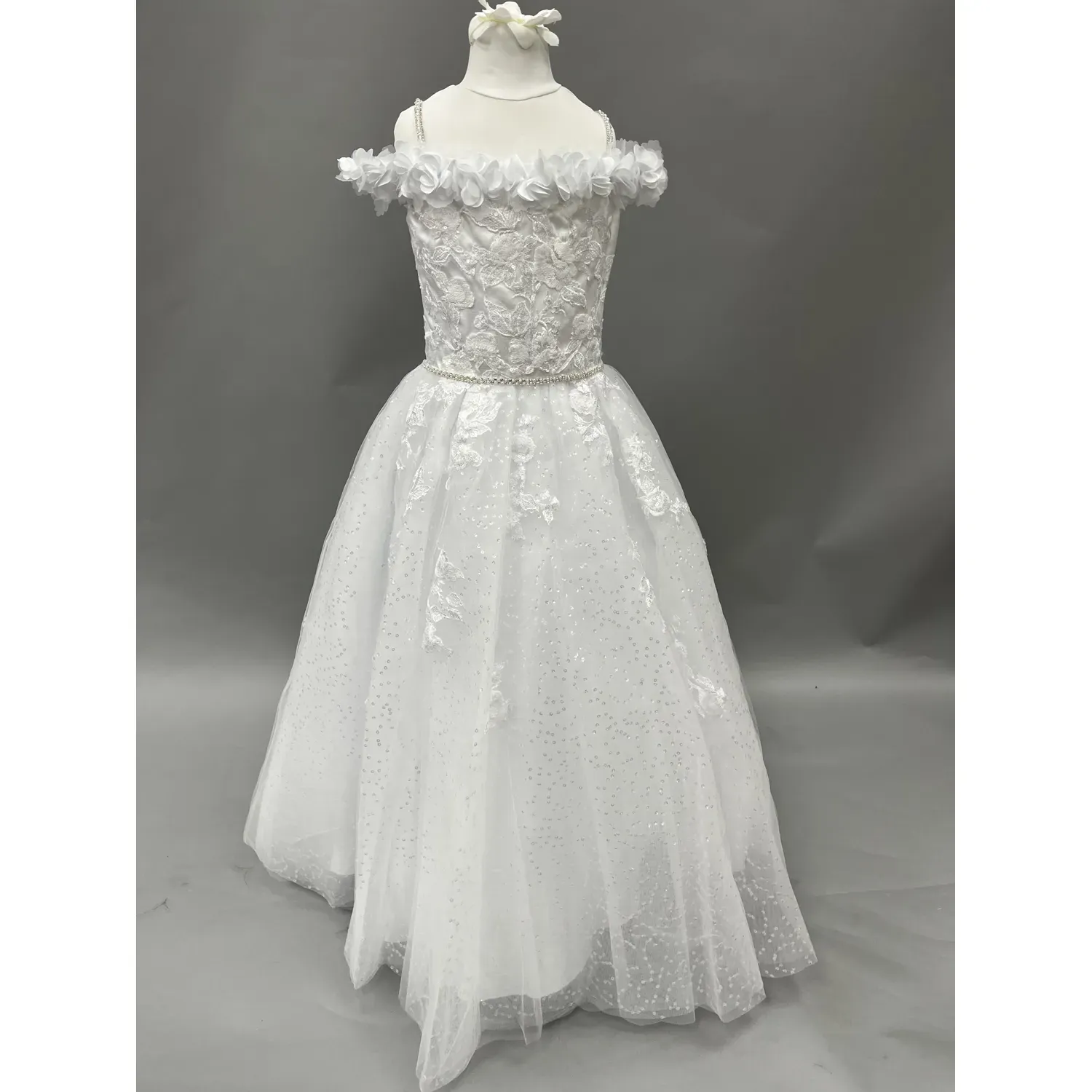 DRESS WHITE EMBROIDERED LACE & SEQUINS & FLOWER NECKLINE APPLIQUE STRAPSAPPLIQUE / 1984 DRESS WHITE EMBROIDERED LACE & SEQUINS & FLOWER NECKLINE APPLIQUE STRAPSAPPLIQUE / 1984