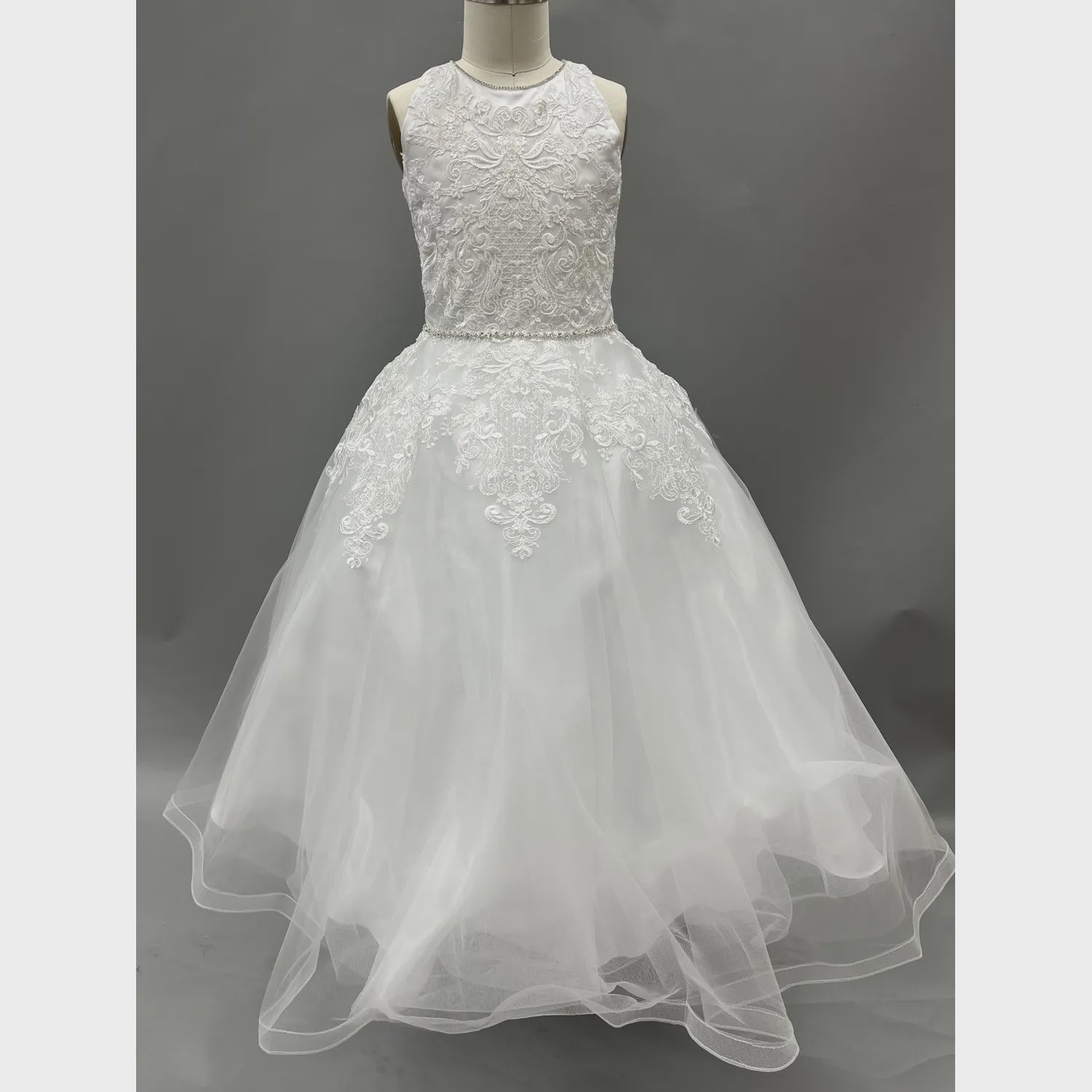 DRESS WHITE EMBROIDERED LACE LACE BODICE RHINESTONE BELT & TRIM / 1986