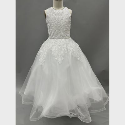 DRESS WHITE EMBROIDERED LACE LACE BODICE RHINESTONE BELT & TRIM / 1986