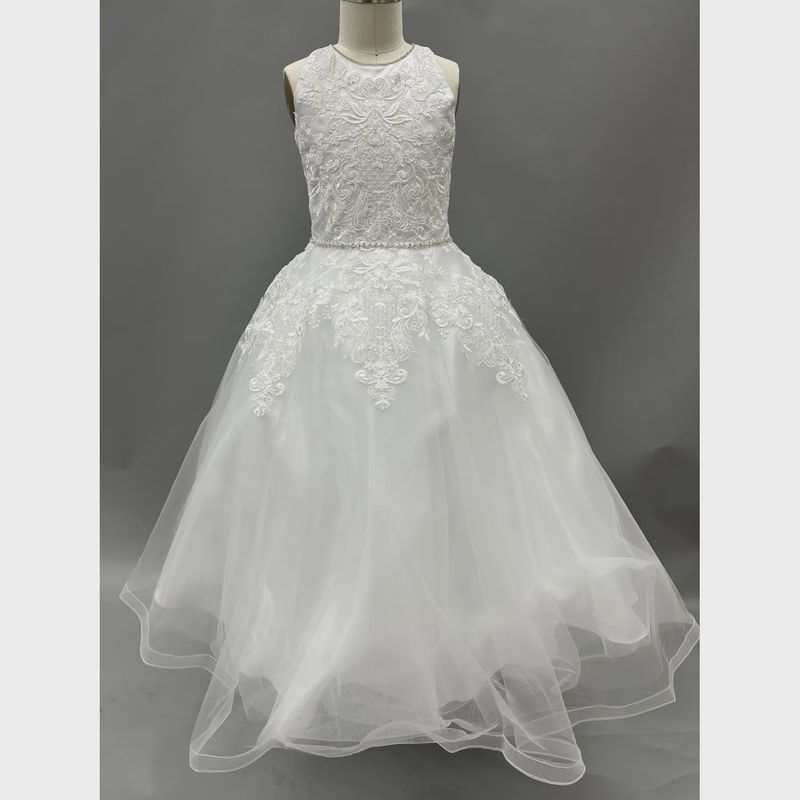 DRESS WHITE EMBROIDERED LACE LACE BODICE RHINESTONE BELT & TRIM / 1986
