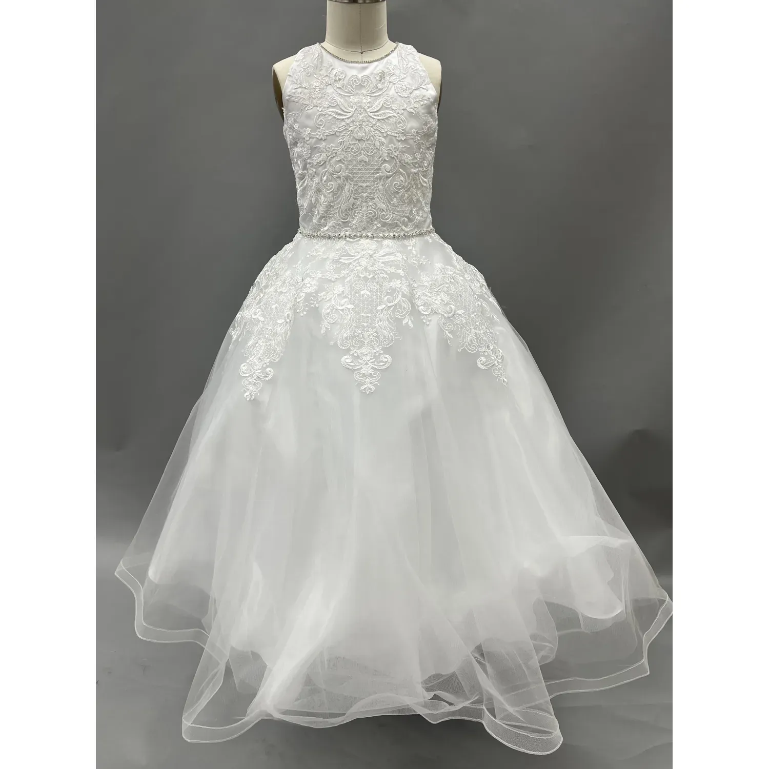 DRESS WHITE EMBROIDERED LACE LACE BODICE RHINESTONE BELT & TRIM / 1986
