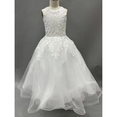 DRESS WHITE EMBROIDERED LACE LACE BODICE RHINESTONE BELT & TRIM / 1986