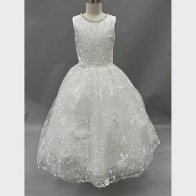 DRESS IVORY EMBROIDERED ALLOVER LACE SEQUINS &PEARL & RHINESTONE TRIM / 1985