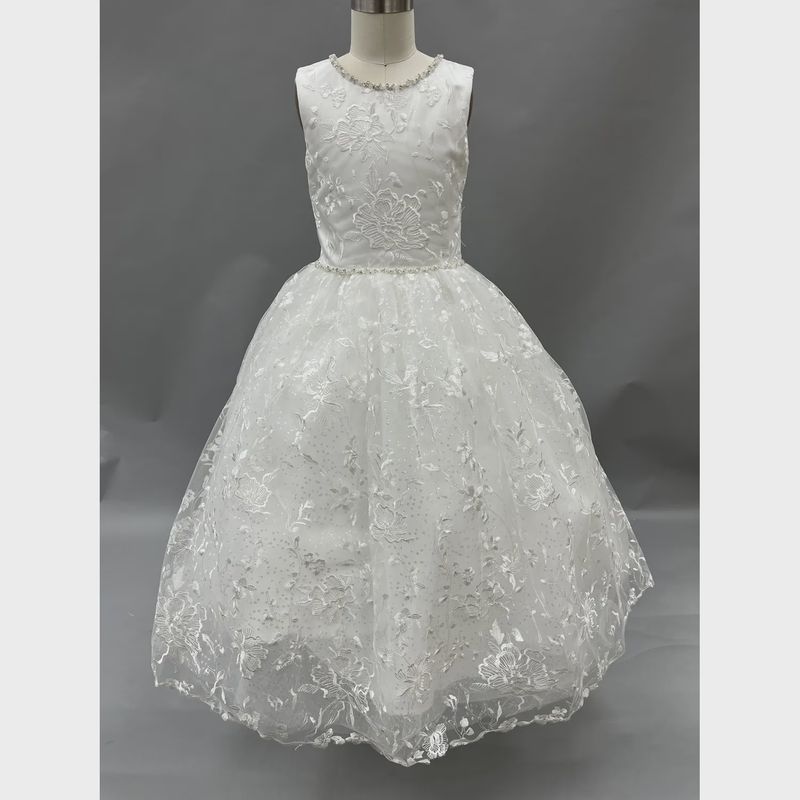 DRESS IVORY EMBROIDERED ALLOVER LACE SEQUINS &PEARL & RHINESTONE TRIM / 1985