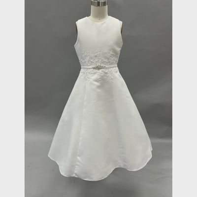 DRESS WHITE TEA LENGTH SATIN EMBROIDERED WAIST TRIM / 120339