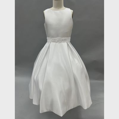 DRESS WHITE TEA LENGTH SATIN BOX PLEATS LACE WAISTBAND & BACK BODICE / 124410