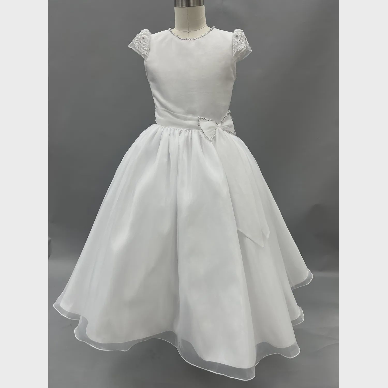 DRESS WHITE TEA LENGTH SATIN & ORGANZA SKIRT BOW & CAP SLEEVE RHINESTONE TRIM / 123308
