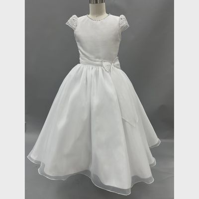 DRESS WHITE TEA LENGTH SATIN & ORGANZA SKIRT BOW & CAP SLEEVE RHINESTONE TRIM / 123308