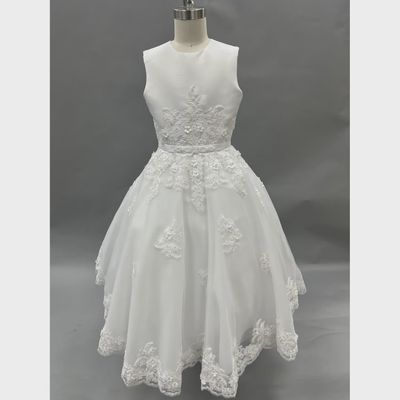 DRESS WHITE TEA LENGTH SATIN & TULLE EMBROIDERED SEQUIN & FLOWER APPLIQUE / 119377