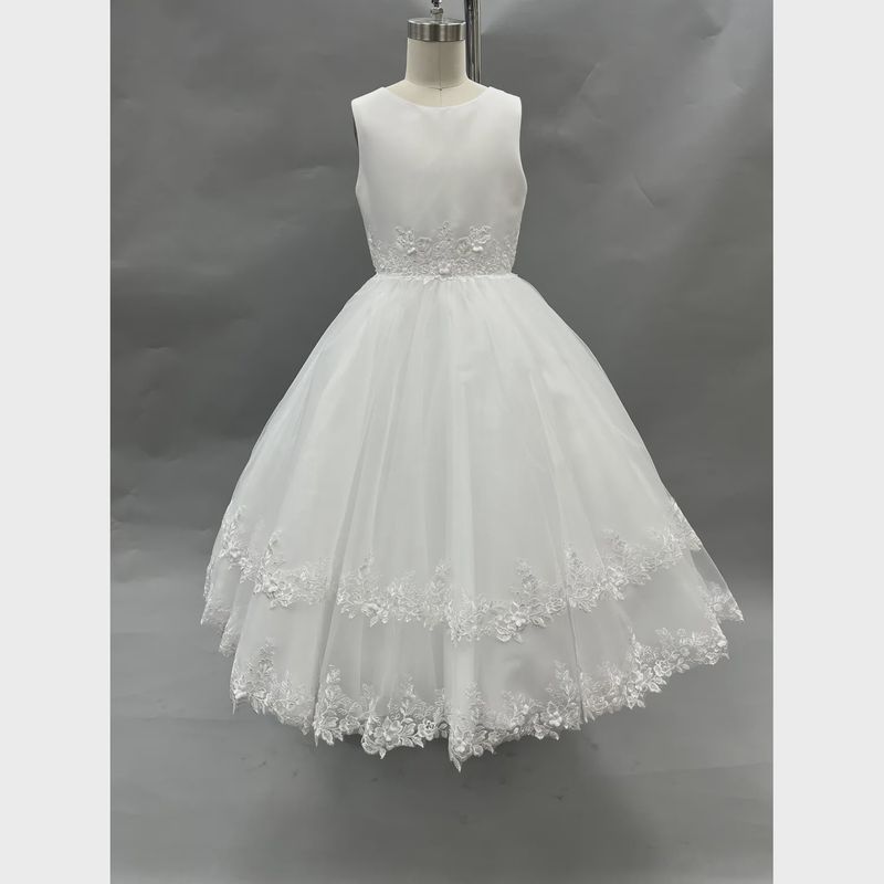 DRESS WHITE TEA LENGTH SATIN & TULLE LACE WAISTBAND & 2 HEM LINE / 124415 DRESS WHITE TEA LENGTH SATIN & TULLE LACE WAISTBAND & 2 HEM LINE / 124415