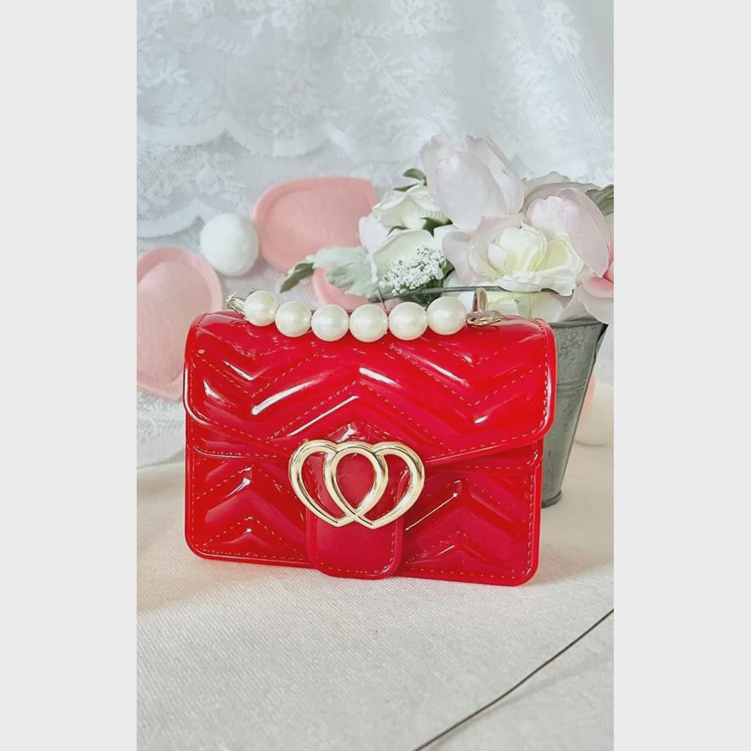 JELLY PURSE RED HEART BUCKLE PEARL HANDLE / PS-321030