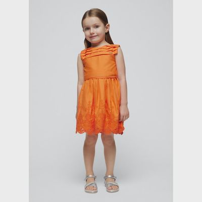 2PC DRESS & BELT ORANGE EMBROIDERED SKIRT PLEATED BODICE TRIM / 3917-062