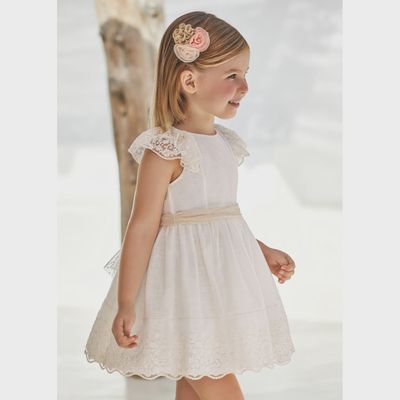 LINEN DRESS & BELT CREAM & BEIGE LACE CAP SLEEVE EMBROIDERED HEMLINE / 3914-093
