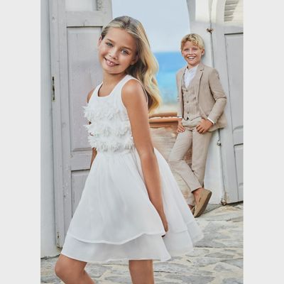 DRESS WHITE FLOWER BODICE APPLIQUE 2 LAYER SKIRT / 6968-086