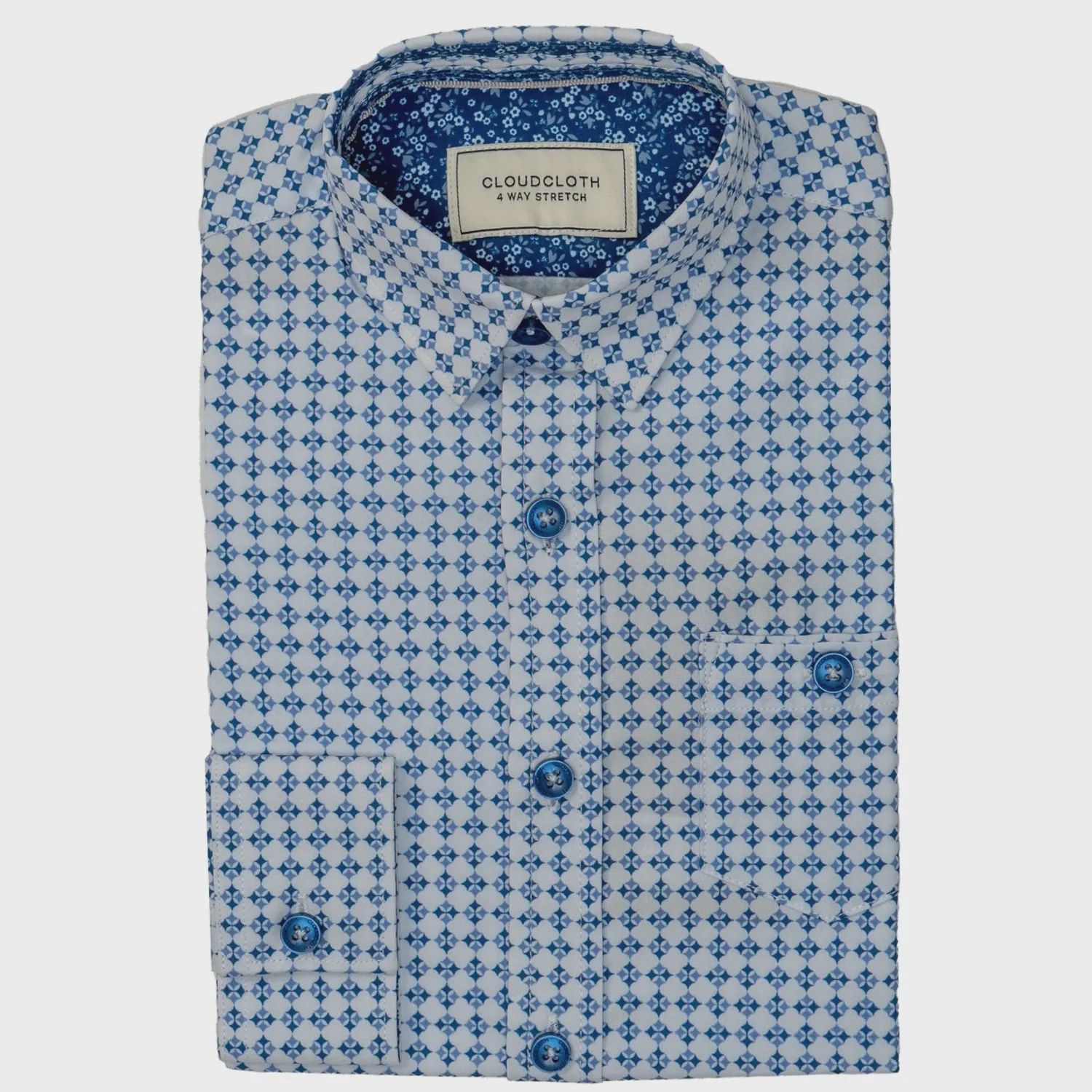 SHIRT WHITE & NAVY DIAMOND PRINT 4 WAY STRETCH CLOUDCLOTH / SH9814