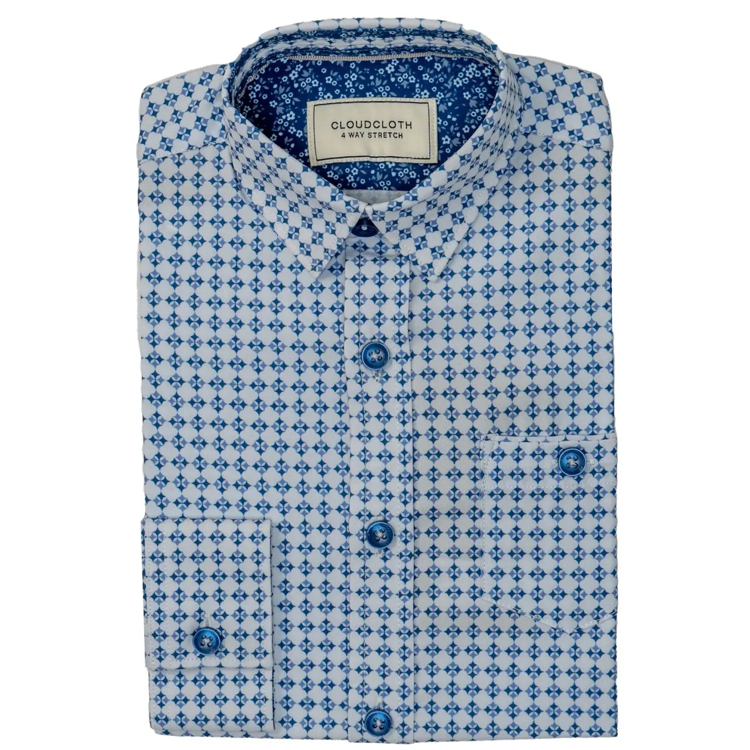 SHIRT WHITE & NAVY DIAMOND PRINT 4 WAY STRETCH CLOUDCLOTH / SH9814