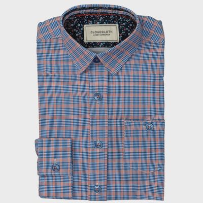 SHIRT ORANGE & BLUE PLAID 4 WAY STRETCH GINGHAM PRINT CLOUDCLOTH / SH9819