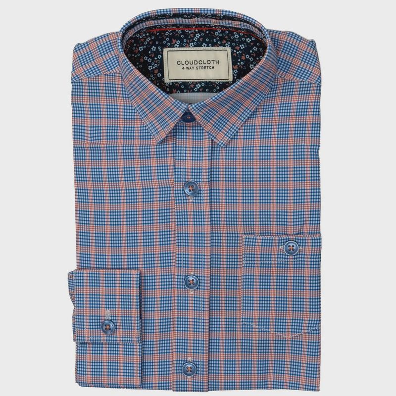 SHIRT ORANGE & BLUE PLAID 4 WAY STRETCH GINGHAM PRINT CLOUDCLOTH / SH9819