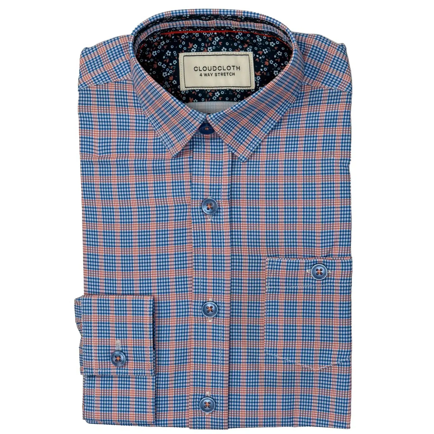 SHIRT ORANGE & BLUE PLAID 4 WAY STRETCH GINGHAM PRINT CLOUDCLOTH / SH9819
