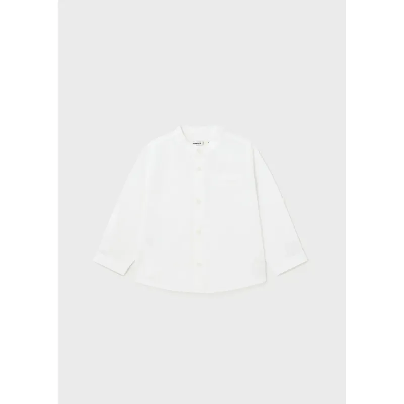 LINEN SHIRT WHITE MAO COLLAR LONG SLEEVE ROLL UP / 1115-010