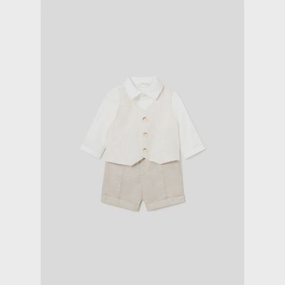 2PC SHORT SET BEIGE SHORT WHITE SHIRT STRIPED IMITATION VEST / 1220-063