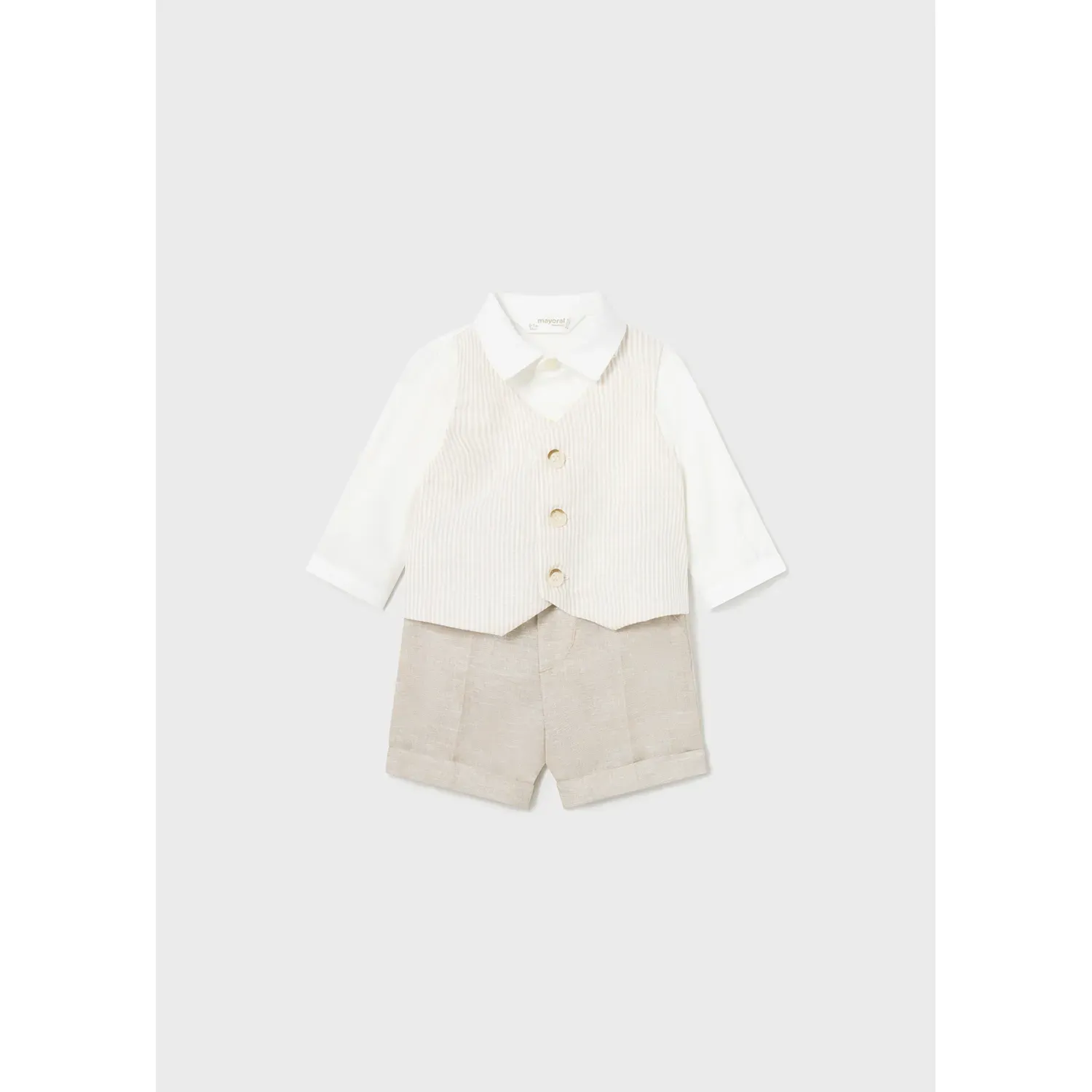 2PC SHORT SET BEIGE SHORT WHITE SHIRT STRIPED IMITATION VEST / 1220-063