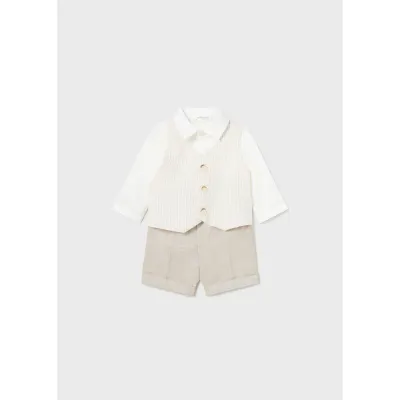 2PC SHORT SET BEIGE SHORT WHITE SHIRT STRIPED IMITATION VEST / 1220-063
