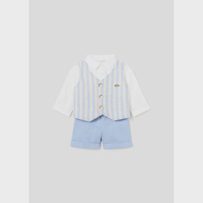 2PC SHORT SET WHITE SHIRT BLUE SHORTS STRIPED IMITATION VEST / 1220-061