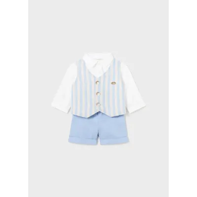 2PC SHORT SET WHITE SHIRT BLUE SHORTS STRIPED IMITATION VEST / 1220-061