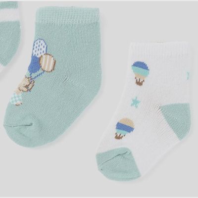 2 PAIR BABY SOCK WHITE WITH AIR BALLOON & TEAL WITH PRINT / 06-055