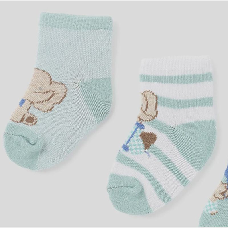 2PC SOCK SET WHITE & GREEN STRIPE &TEAL WITH BROWN ELEPHANT PRINT / 9706-055