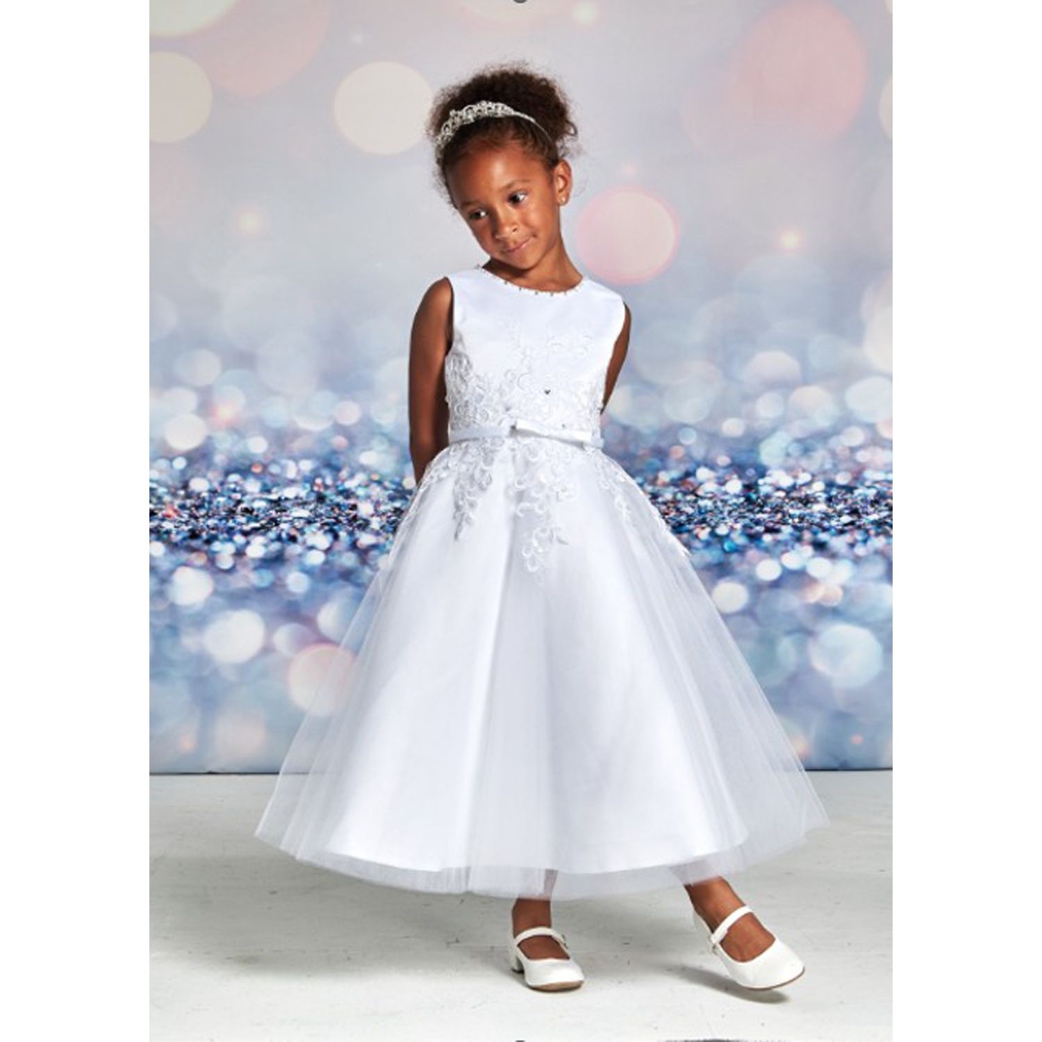 DRESS WHITE TEA LENGTH EMBROIDERED TULLE SATIN BELT TRIM / 124421