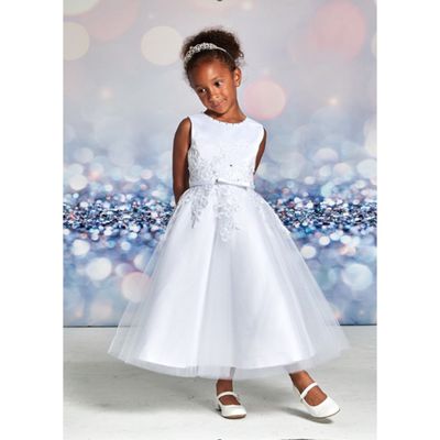 DRESS WHITE TEA LENGTH EMBROIDERED TULLE SATIN BELT TRIM / 124421