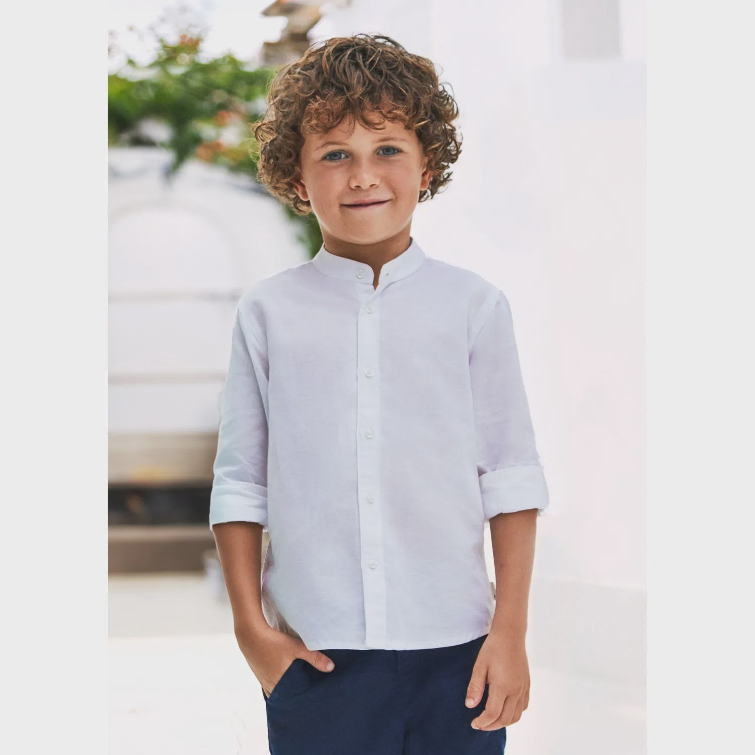 LINEN SHIRT WHITE MAO COLLAR LONG SLEEVE / 3120-014