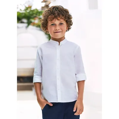 LINEN SHIRT WHITE MAO COLLAR LONG SLEEVE / 3120-014