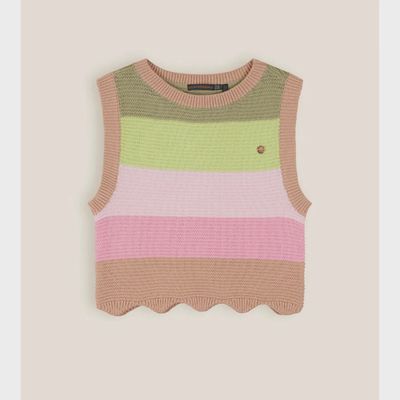 KNIT CROPPED VEST MULTICOLERED STRIPE BEIGE PINK GREEN / N402-5306-427