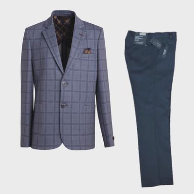 2PC SUIT DENIM SLATE PLAID BLAZER NAVY PANT STRETCH SLIM FIT / BLZ-5448-LZK504